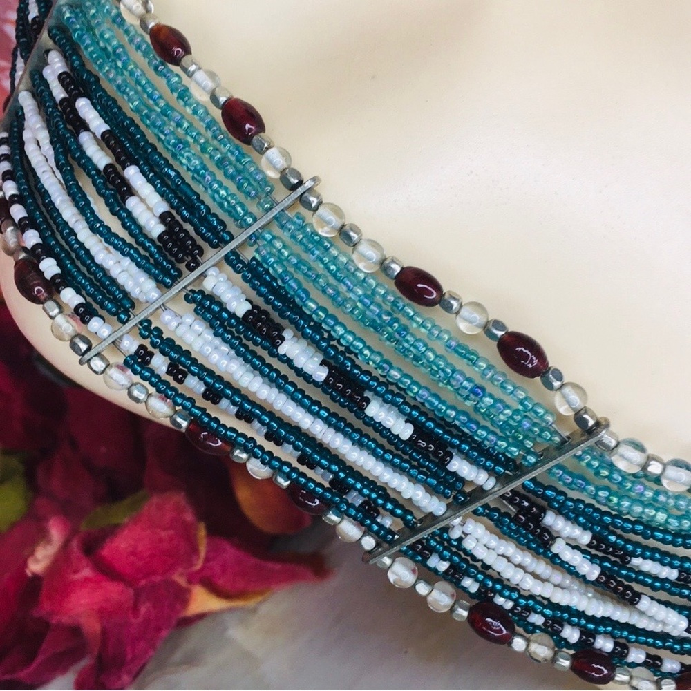 Vintage 90s Blue Multicolor Beaded Tribal Necklace - Picture 3 of 8